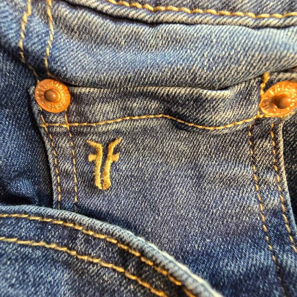 Frye Straight Stretch Womens Jeans Sz‎ 10 33x27 Dark Festival Western Logo Denim